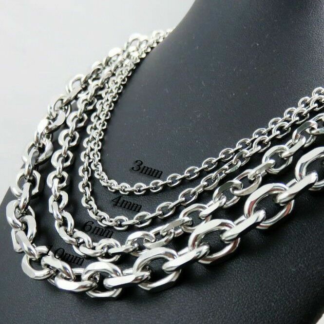 6/10mm Men’s Chain Silver Tone Stainless Steel Rolo Link Necklace 18-36”