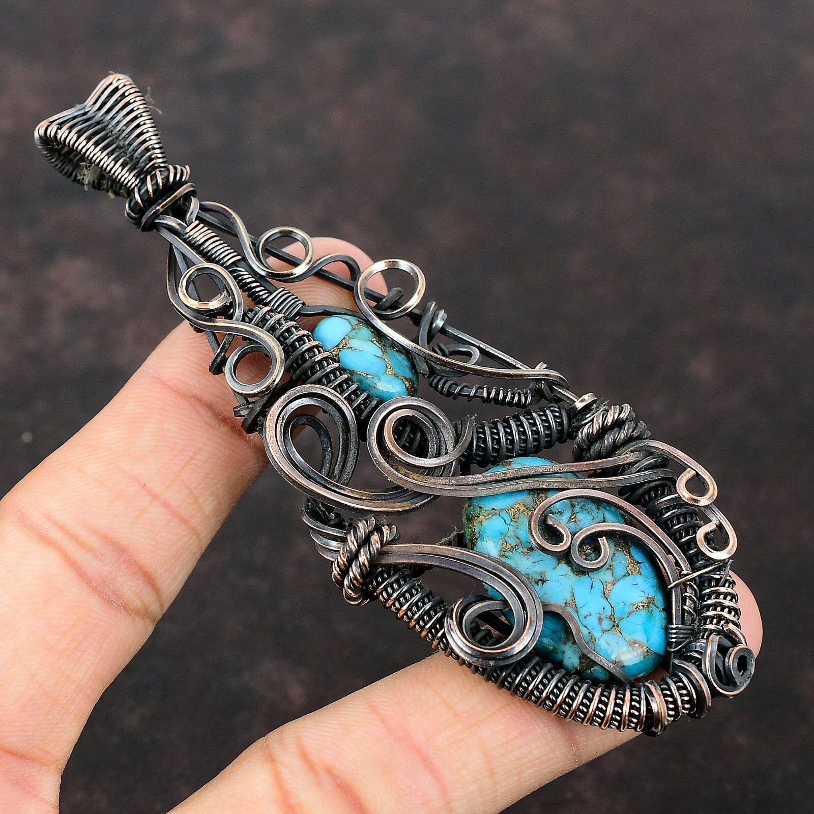 Gift For Women Jewelry Wire Wrapped Pendant Copper Blue Turquoise Gemstone 4.17″