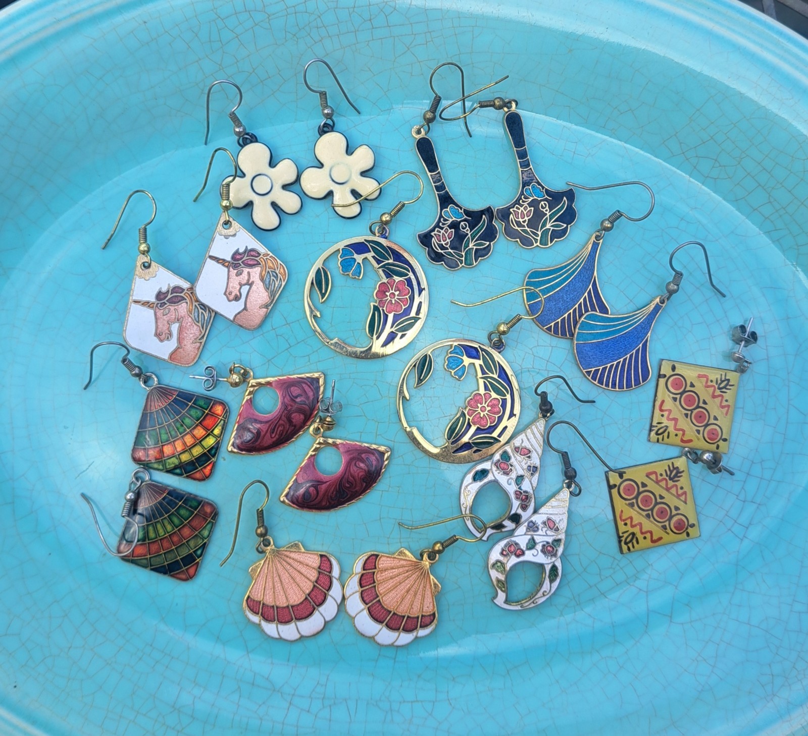 Vtg Cloisonne + Other Earrings Lot 10 Pairs Pierced Unicorns Shells Enamel