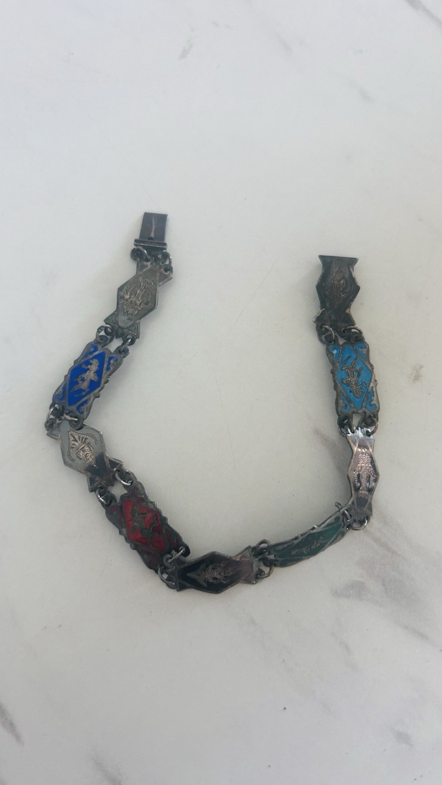 Vintage Siam Sterling Silver Niello 8 Panel Bracelet Thai Deities Gods 7 1/4″