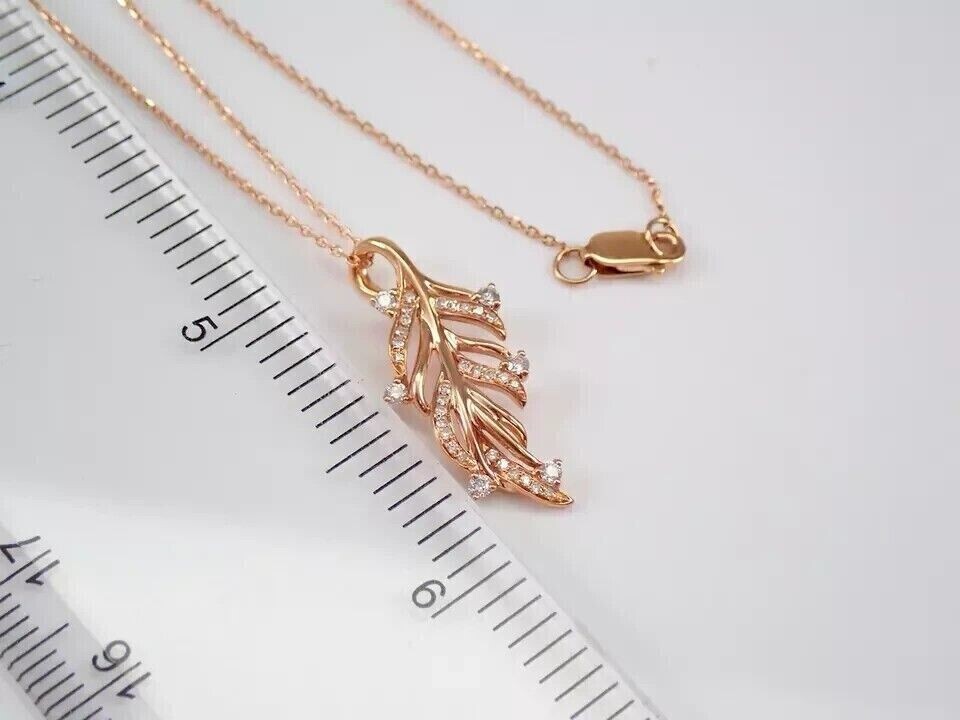 14k Rose Gold Plated In Round Cut Simulated Diamond Women’s Leaf Shape Pendant