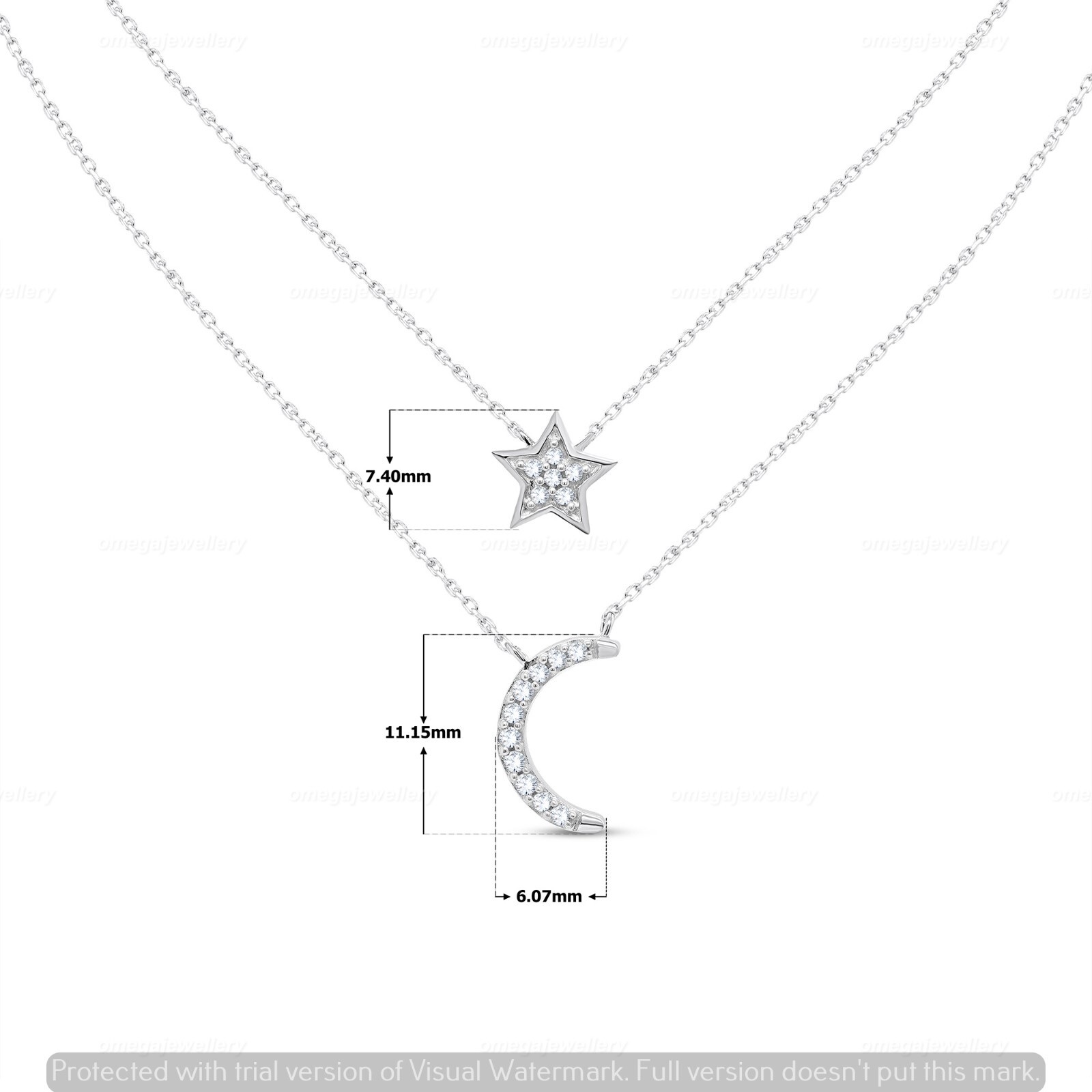 0.10 Ct Natural I2 H Diamond Star & Moon Chain Necklace 14K White Gold 18″