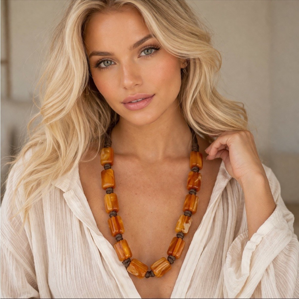 Chunky Amber Look Bead Necklace 28in Brown Cord Boho Artisan Statement