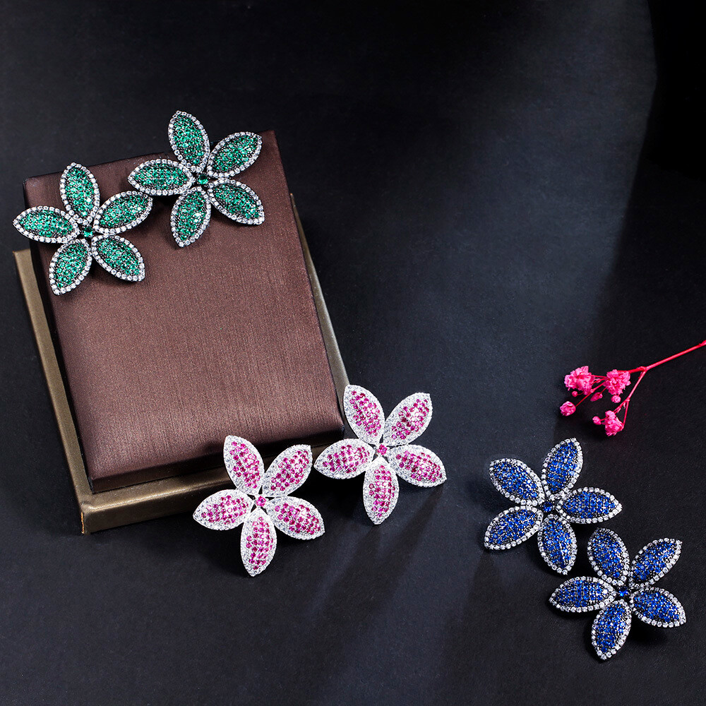 Black Gold Plated Blue Cubic Zirconia Flower Stud Earrings 925 Silver CZ Jewelry