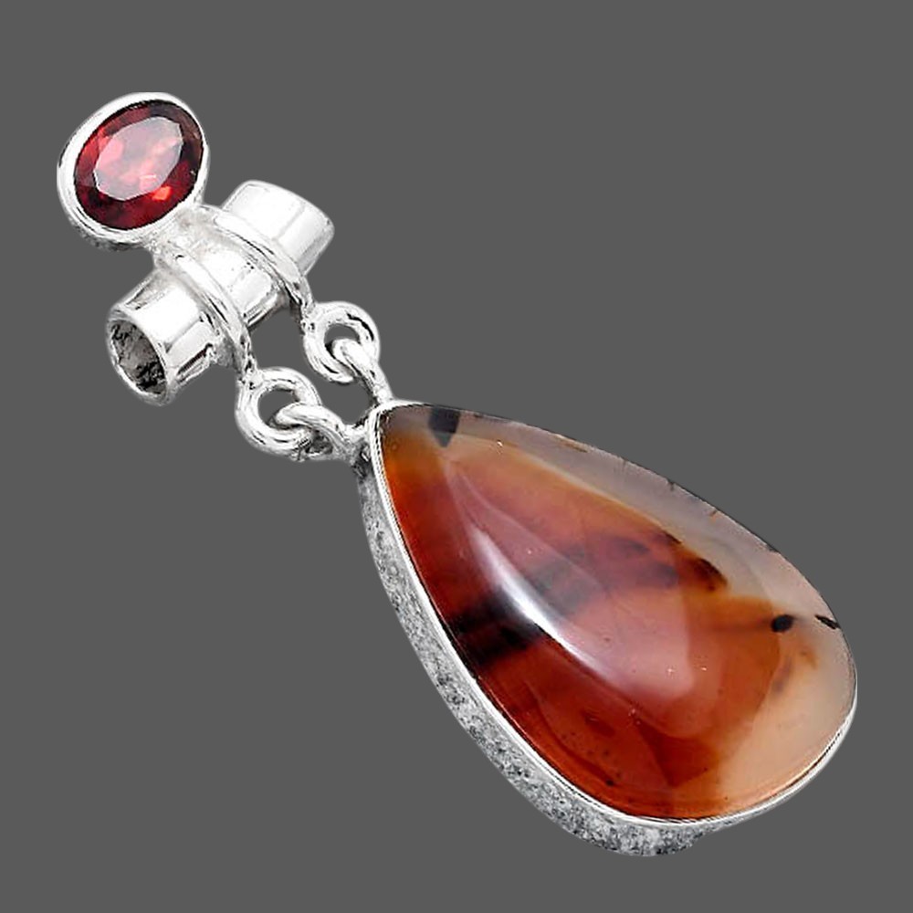 Natural Montana Agate USA and Garnet 925 Sterling Silver Pendant Jewelry P-1276