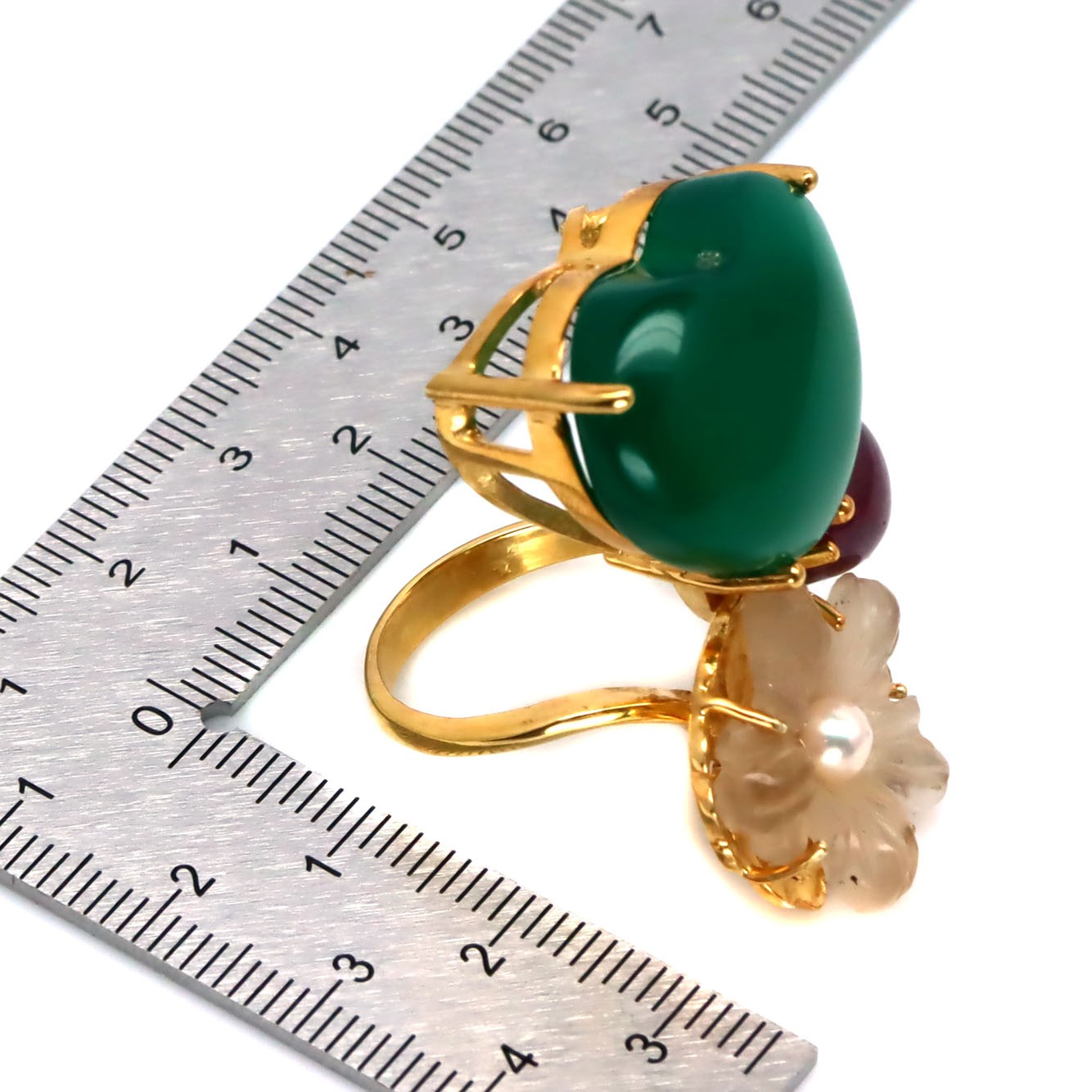 925 Silver 19 x 22 MM. Green Agate (40.55 ct.) Quartz Ruby Pearl Jewelry Ring