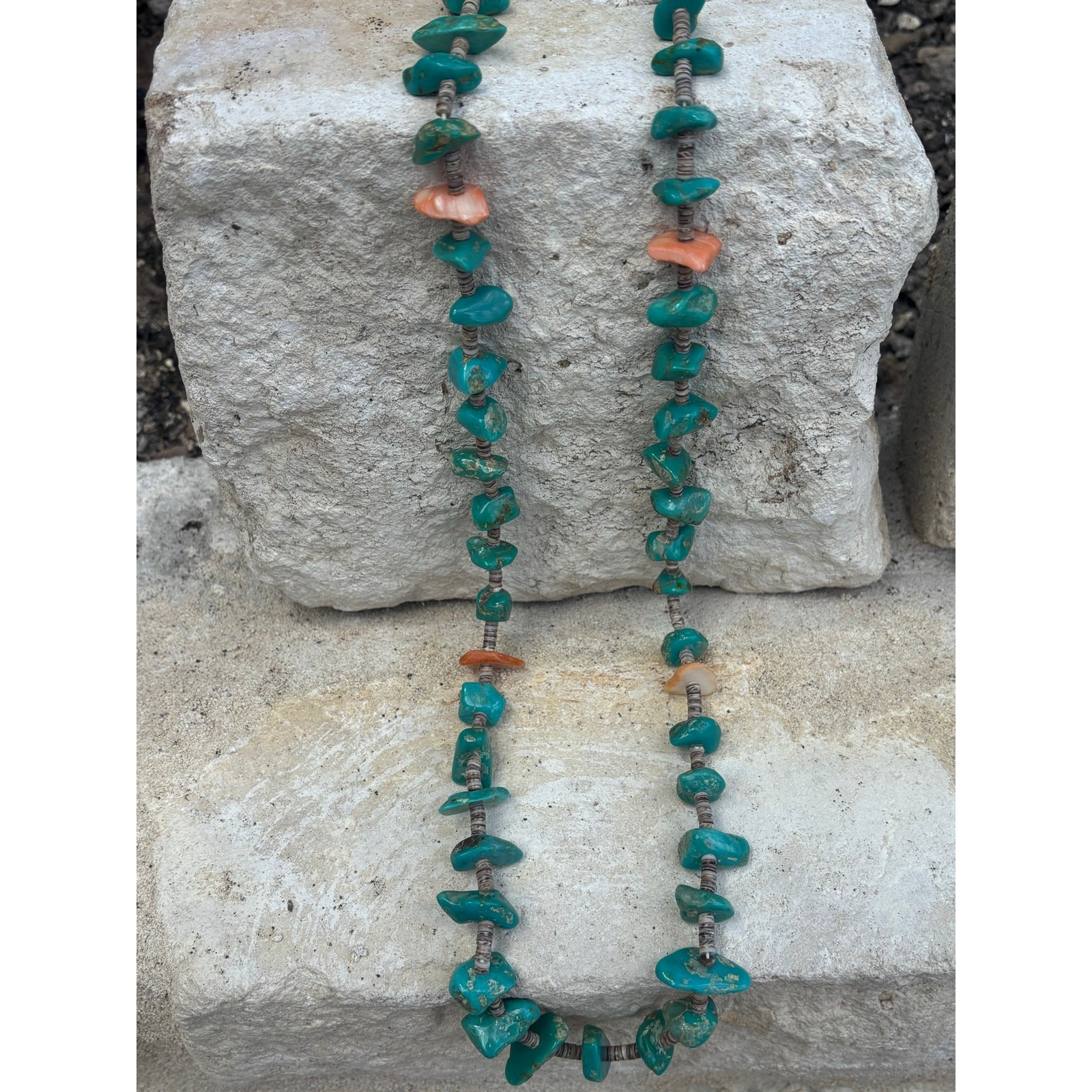 Vintage Turquoise Nugget & Shell Heishi Necklace Hand Tied 84g 17.5 Inch