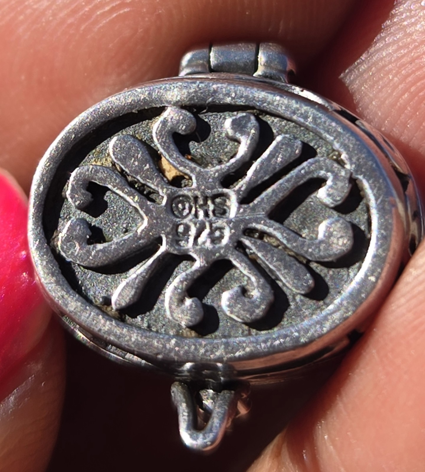 Sterling Silver Signed 925 HS Oval Prayer Box Pill Box Locket Necklace Pendant