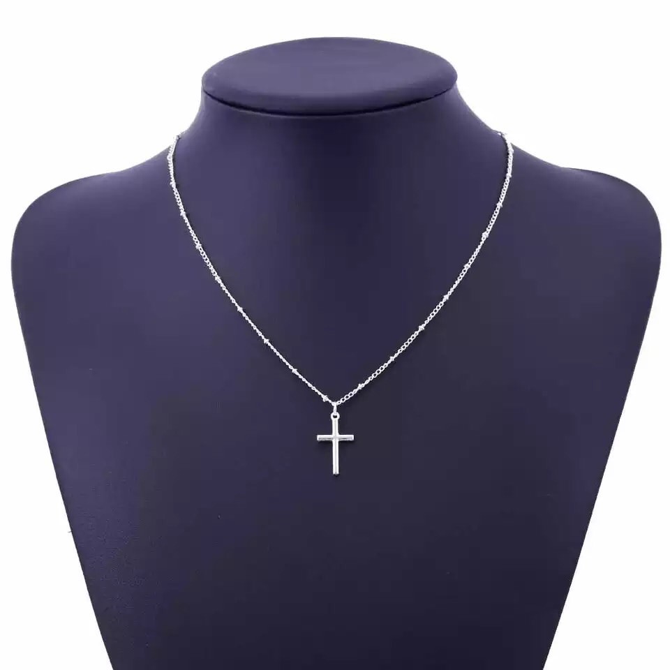 Women Silver or Gold Plated Simple Small Cross Pendant Necklace Beaded Chain N2