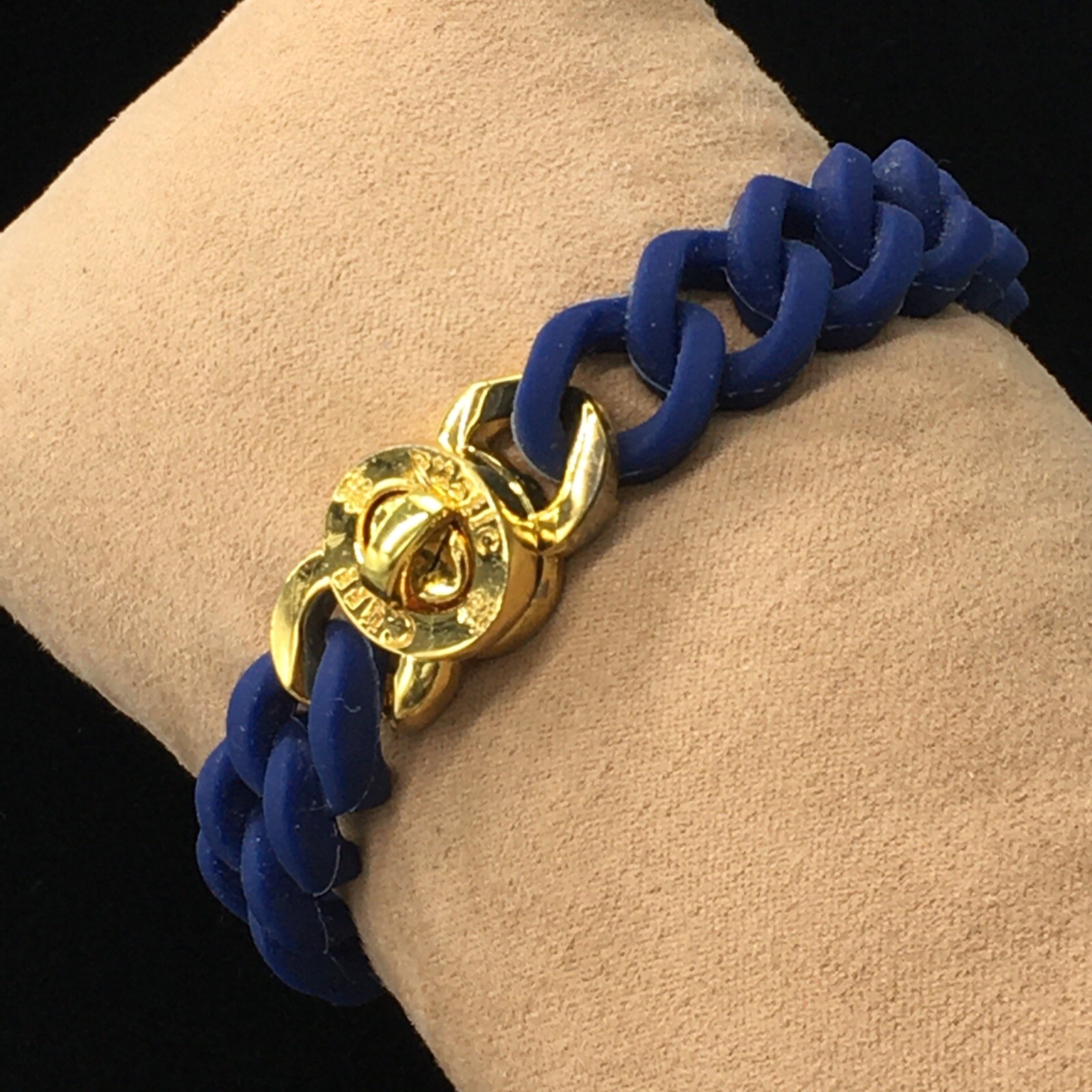 Rustic Cuff Gold Tone Turn Lock Navy Blue Silicone Stretch Mock Chain Bracelet