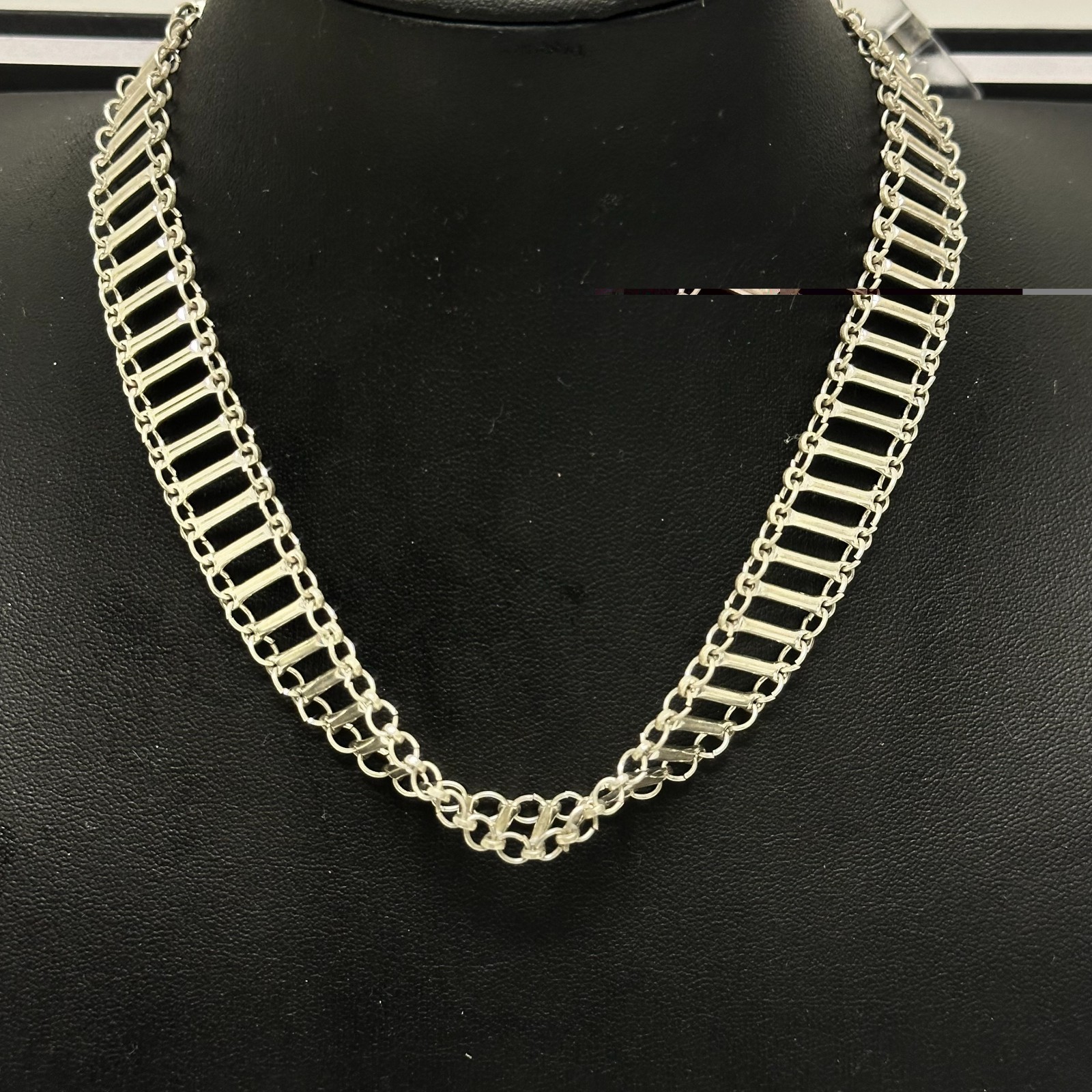 Bar Link Chain Necklace Silver Tone Collar Choker Adjustable Length 12″