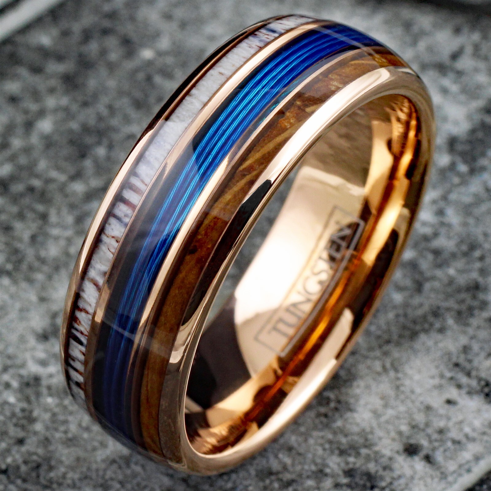 Personalized Tungsten Blue Fishing Line-Whiskey Barrel-Deer Antler Band Ring