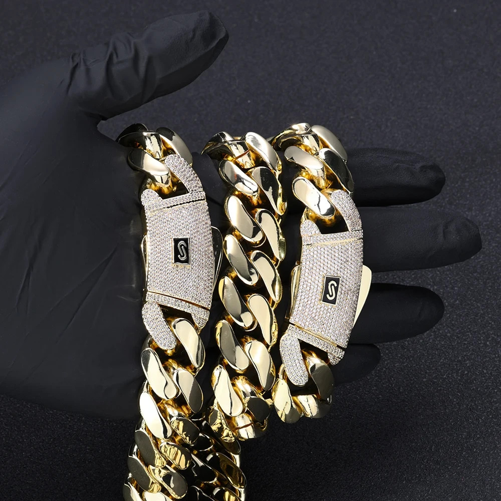 5AAA+ CZ 20mm Cuban Link Chain Necklace Bracelet Gold Plated Brass Iced Out