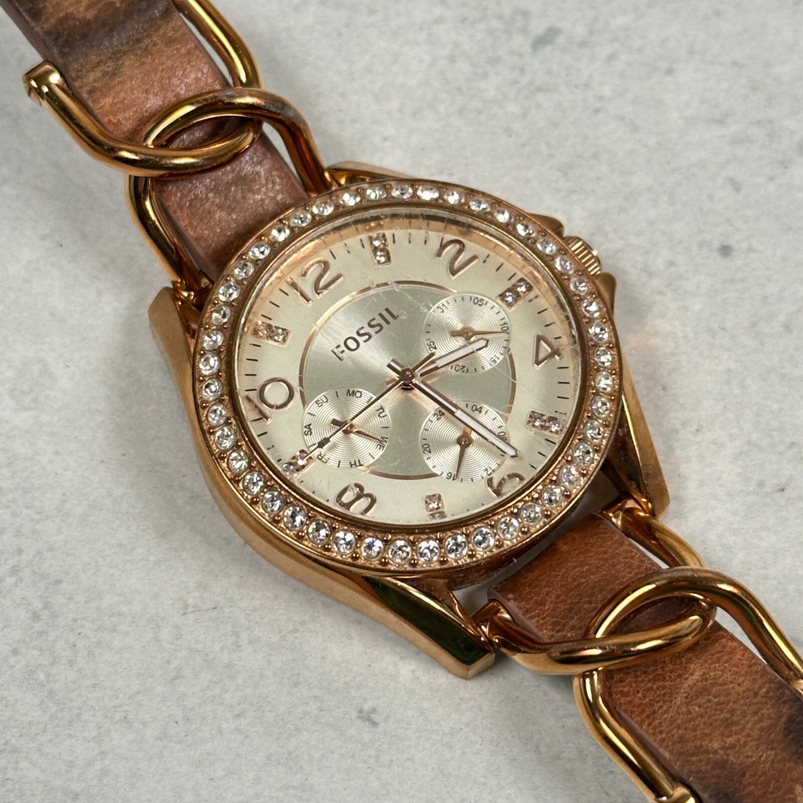 Fossil Watch Womens 37mm Pave Bezel Riley Day Date Rose Gold Tone New Battery