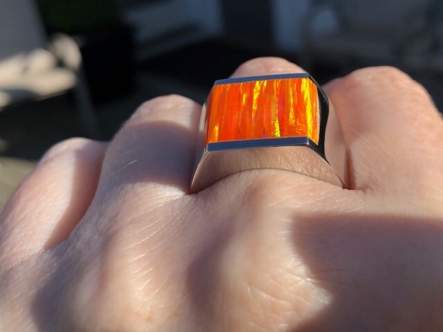 Orange Fire Opal Square Ultra Vivid FLASHES Heavy Sterling Men’s ring 14 VIDEO