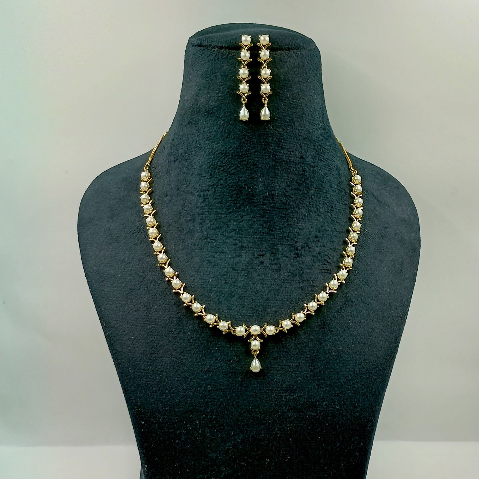 22k Gold Plated Pearl Round Stone Statement Necklace Set Wedding Jewelry Women’s