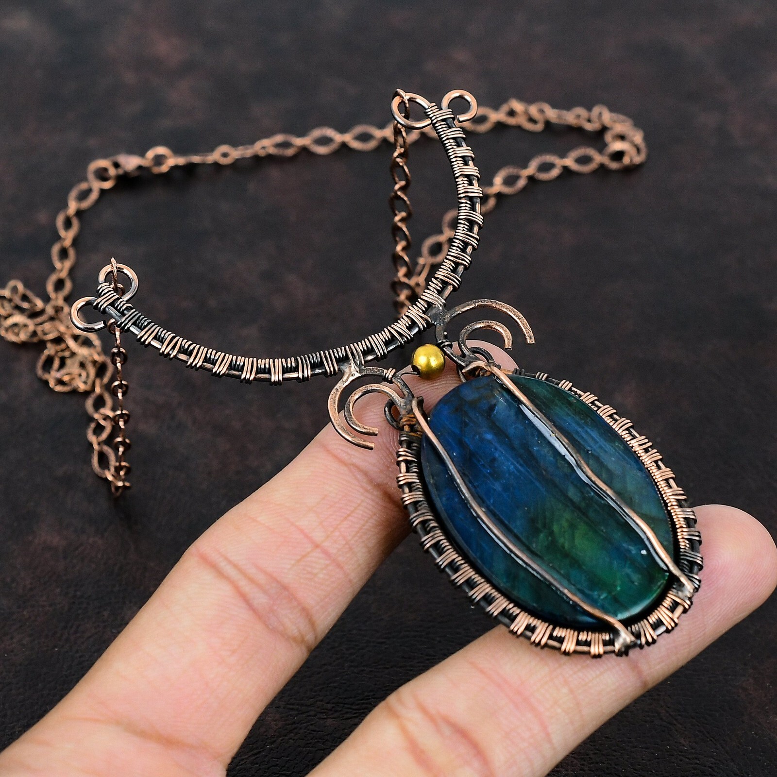 Blue Fire Labradorite Copper Gift For Bestie Wire Wrapped Adjustable 18.0″