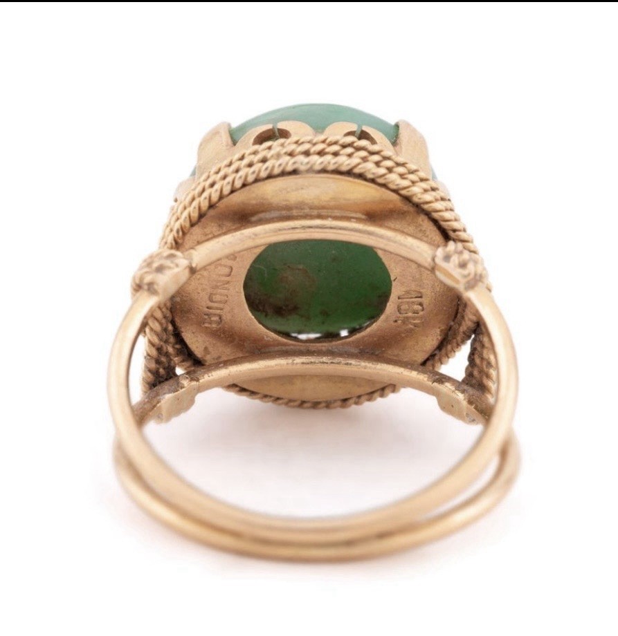 Mondia 18K Gold Jadeite Cabochon Ring 13.7mm Green Jade Vintage Size 8