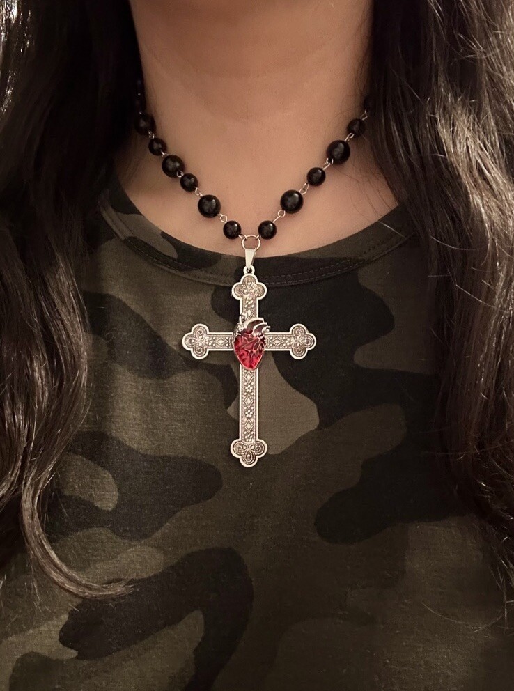 Large Victorian Cross Necklace Chain Silver Religious Gothic Grunch Whimsgoth
