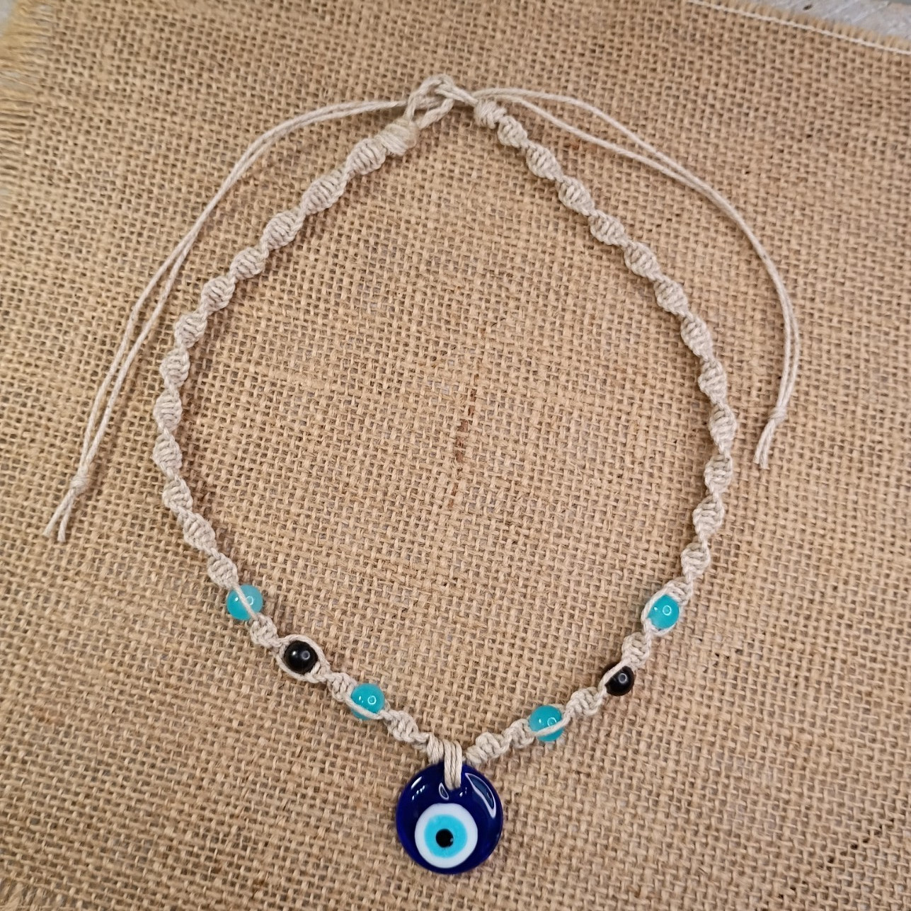 Natural Hemp Necklace w/ Evil Eye Charm & Beads, 18-23 inch Ready to Ship