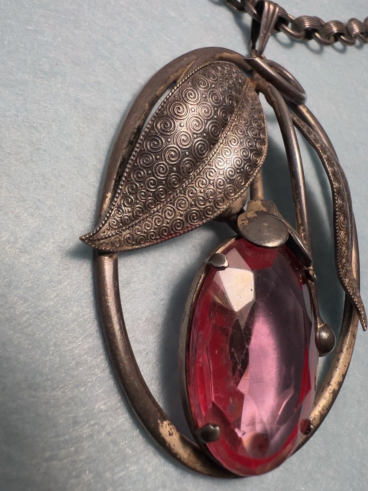 Vintage Art Nouveau Pink Glass 3.25” Pendant Bookchain Necklace 18” Chain