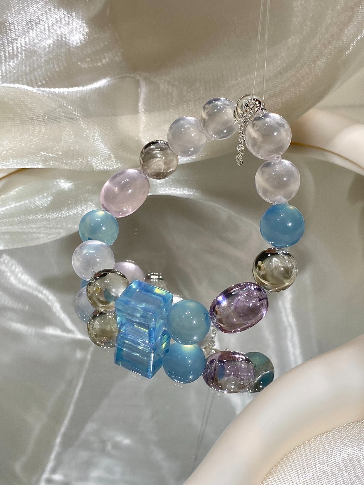 LUSA FEELA Aquamarine Amethyst Crystal Beaded Stretch Bracelet Gift Box