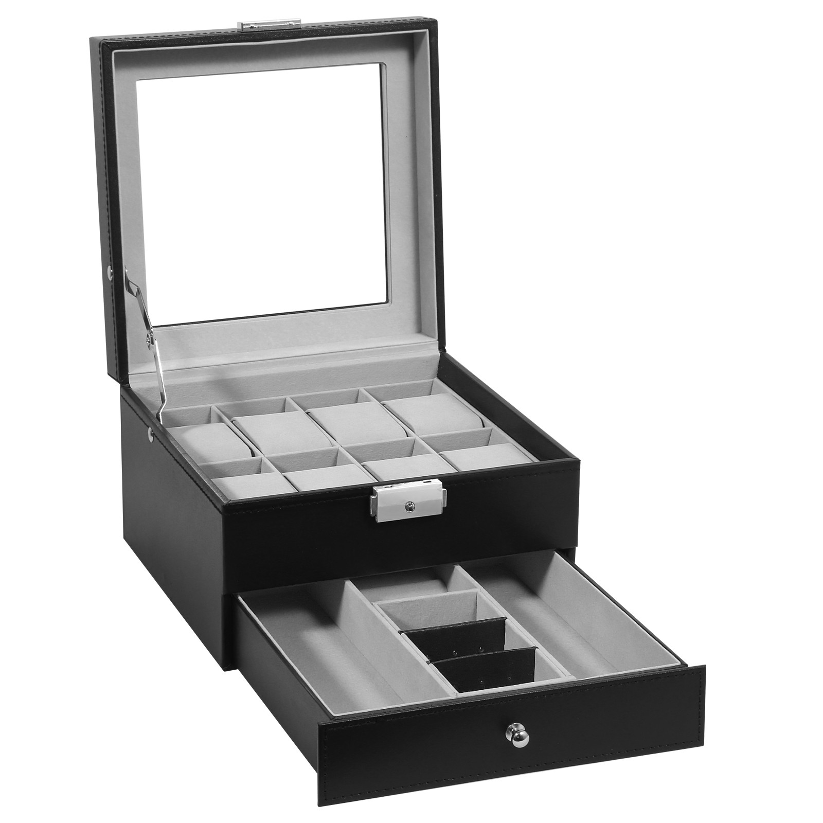 8 Slot PU Leather Watch Box Glass Top Organizer Jewelry Display Case New