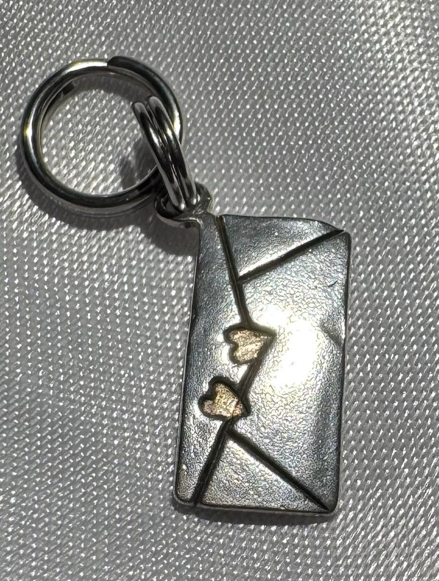 Vintage Sterling Silver Envelope Dangle Charm w/Hearts•Split Ring Closure•