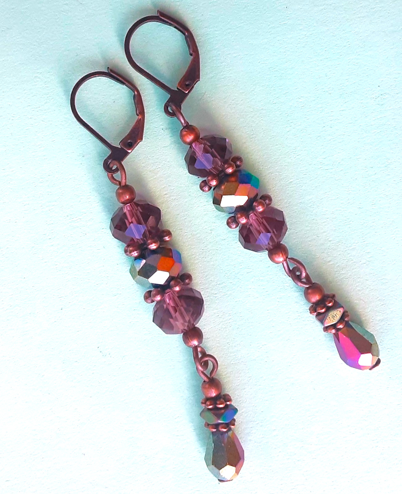 PLUM & RAINBOW crystal dangle COPPER earring LEVERBACK handmade #N25