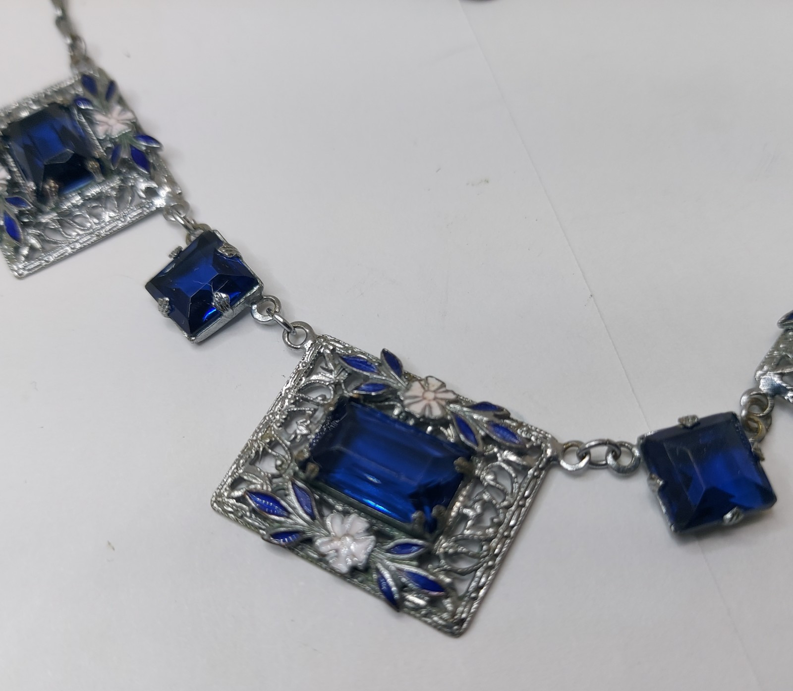 1920s Art Deco Czech Deep Blue Glass Enamel Flower Floral Filigree Necklace