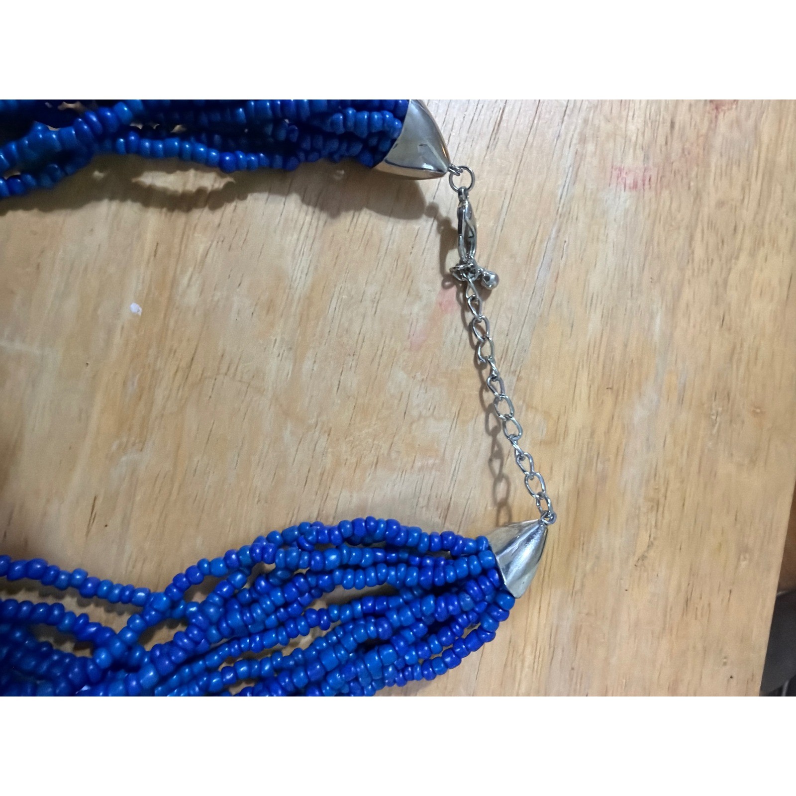 Cobalt Blue Multi Strand Seed Bead Statement Necklace Silver Tone Clasp