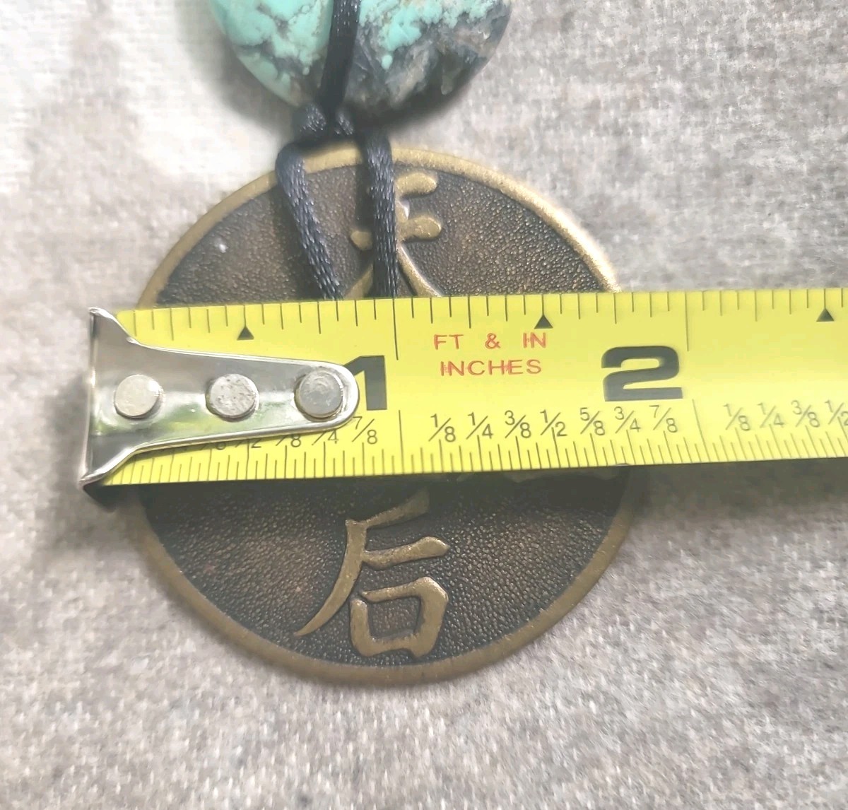 Artisan Chinese Large Coin/Medallion & Turquois Disc On Black Cord