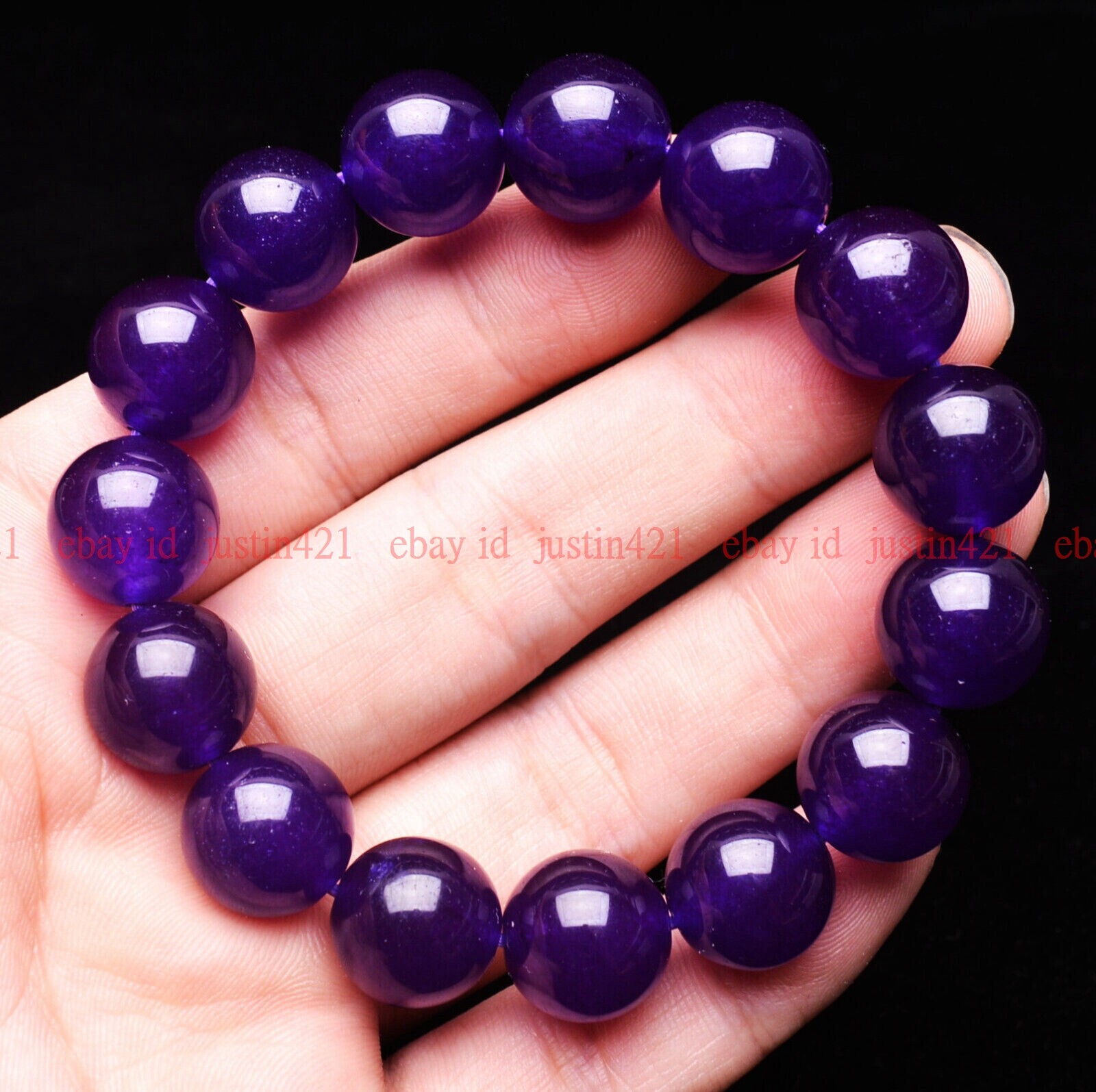 Natural 14mm Purple Jade Round Gemstone Beads Elastic Bracelet 7-9″ AAA+