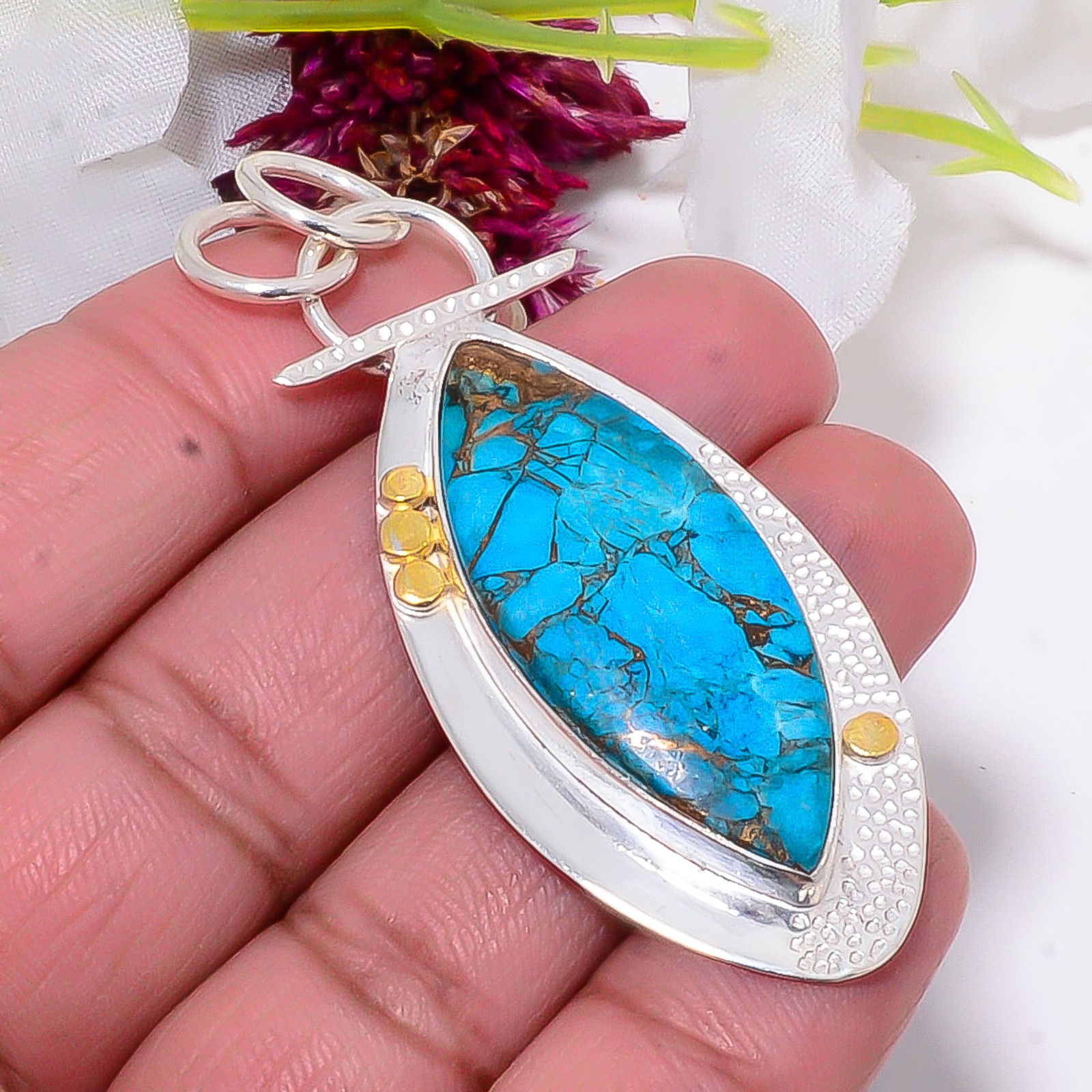 Copper Blue Turquoise 925 Sterling Silver Two Tone Designer Pendant 2.34″ Sku30