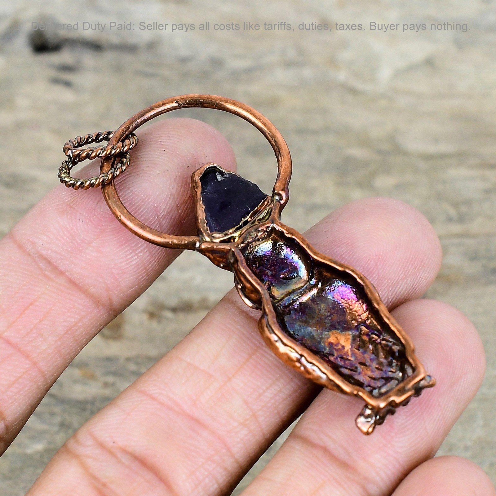 African Amethyst Rough Gemstone Copper Art Deco Electroformed And Owl Pendant