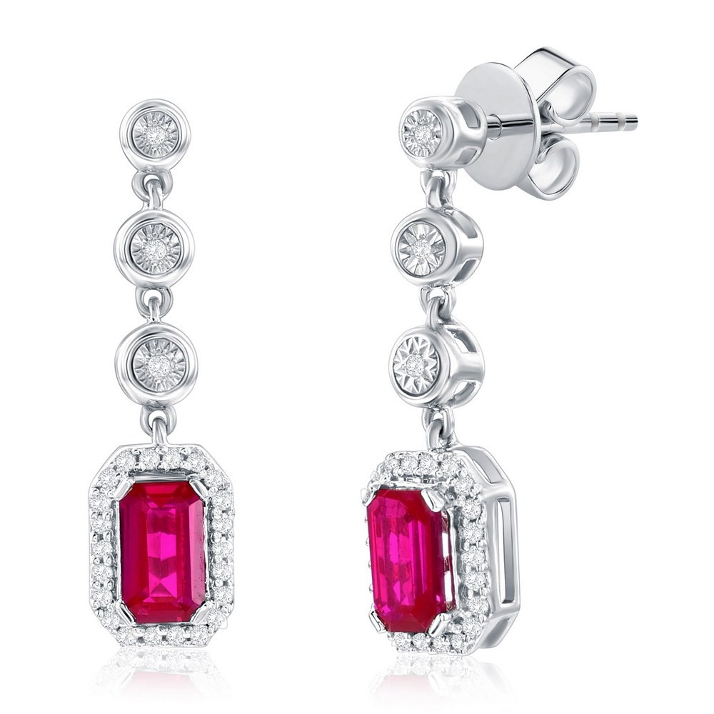 Sterling Silver Lab-Grown 0.78ct Ruby & 0.09ct Natural Earrings Rhodium Plated