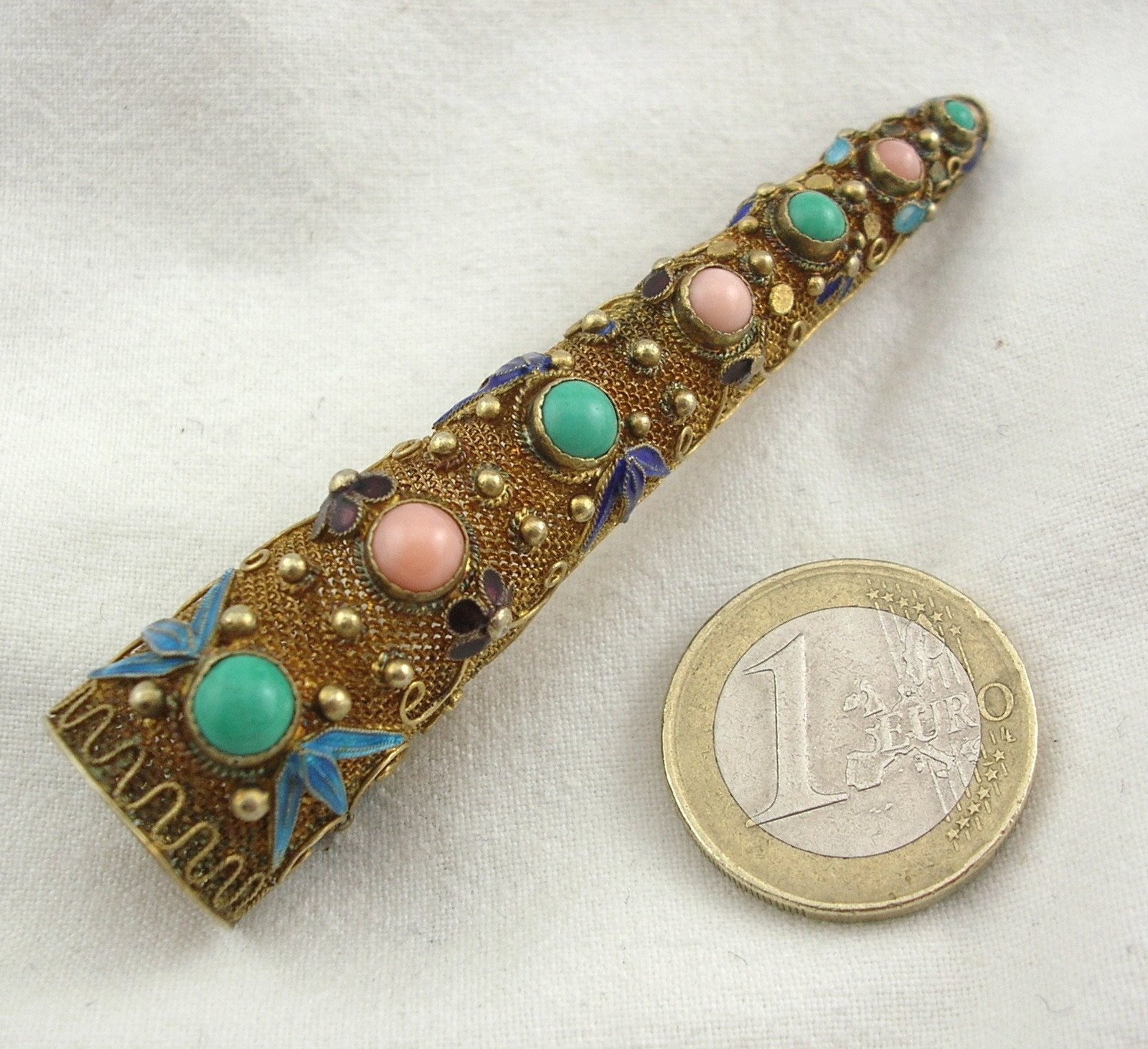 ANTIQUE CHINA SILVER AND TURQUOISE CORAL ENAMEL NAIL PROTECTION NAIL BROOCH #2
