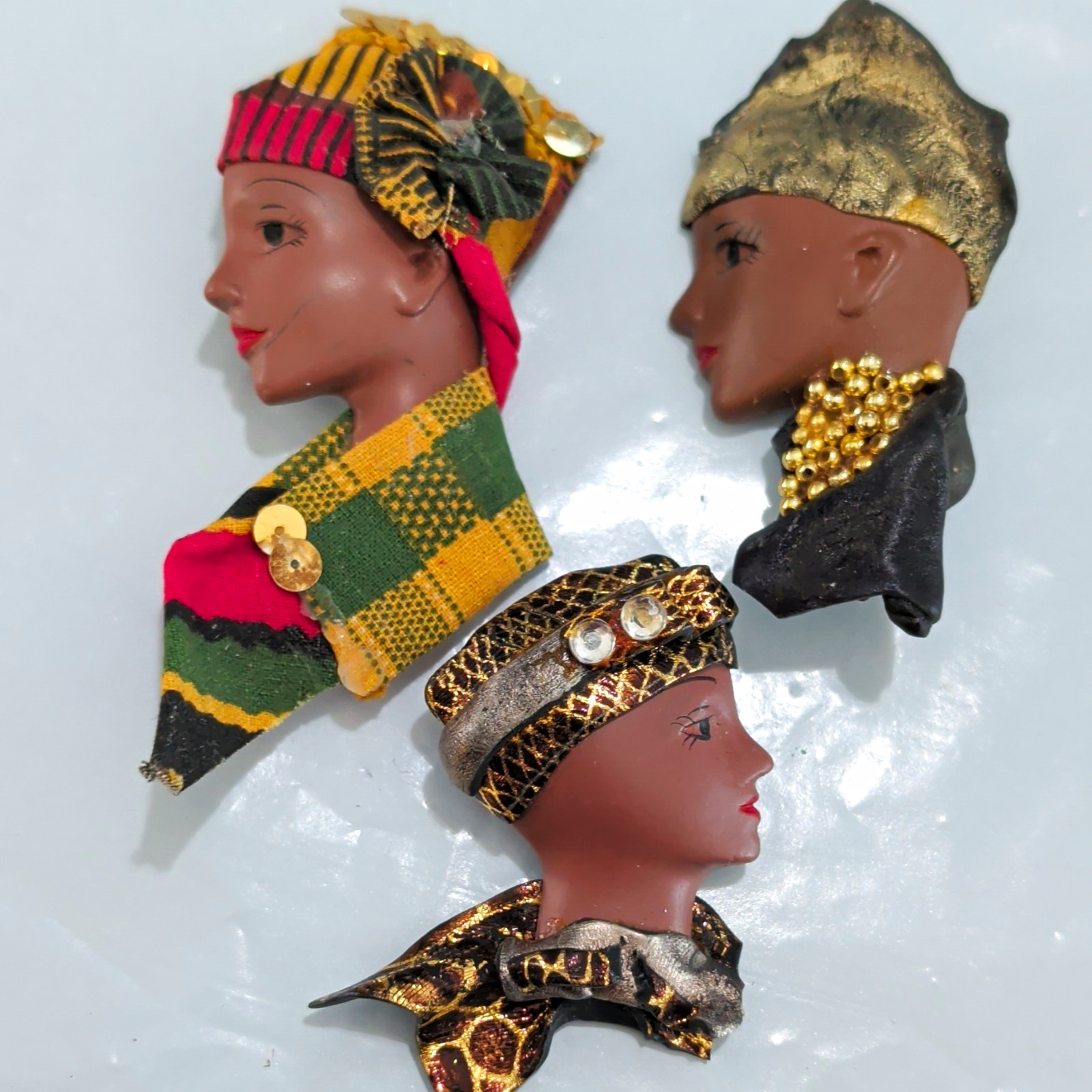 Multicolor F. Jaretta 80’s Brooch Pin Lot of 3, Fabric Plastic Metal, No Stones