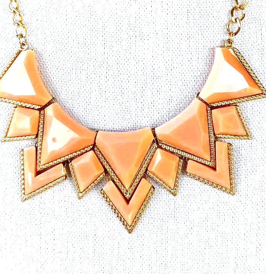 Necklace Statement Choker Geometric Art Deco Peachy Pink Gold Tone Vintage