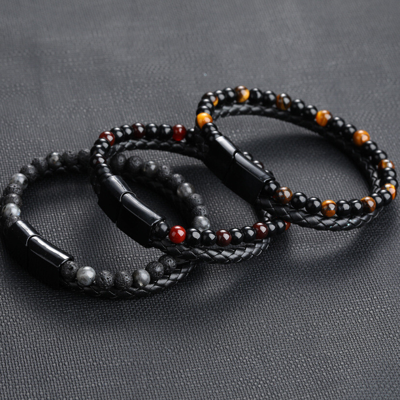Obsidian Tiger Eye Beaded Protection Strength Healing Men Leather Bracelet Gifts