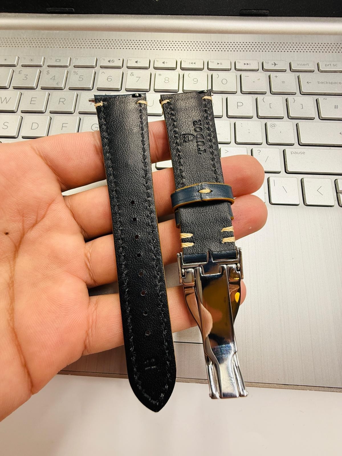 Tudor 22mm Dark Blue Leather Watch Strap With Silver Deployment Clasp Solid