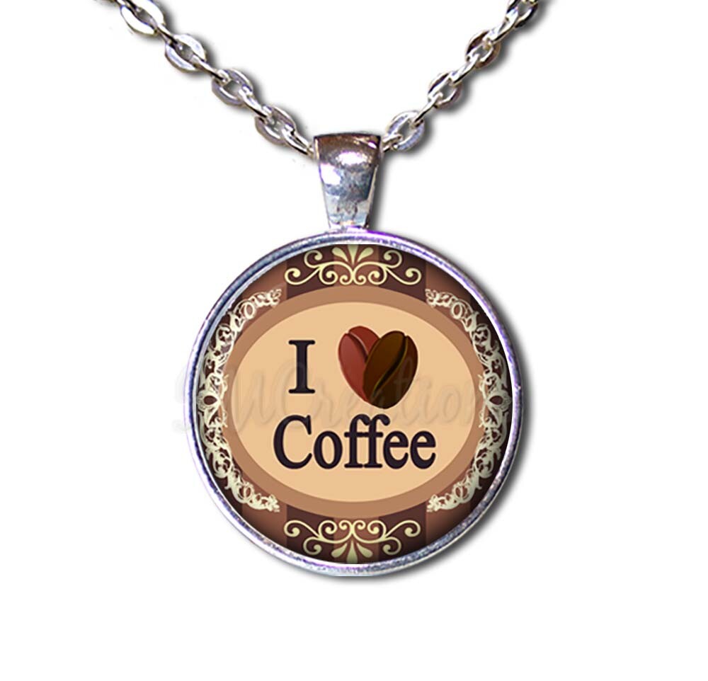 I Love Coffee Cup Bean Style Design – Handmade Round Glass Pendant Necklaces