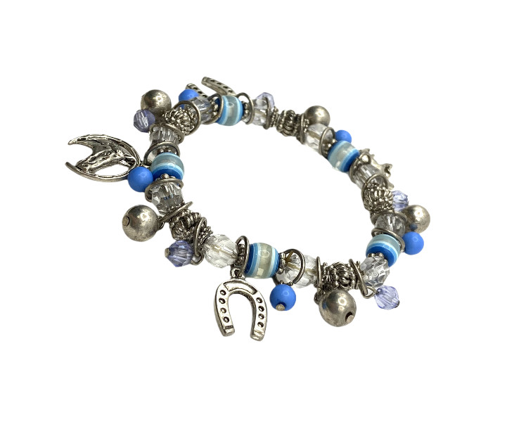 Blue-Clear Beaded Stretch Horse Horseshoe Charm Bracelet Silver Tone Equestrian