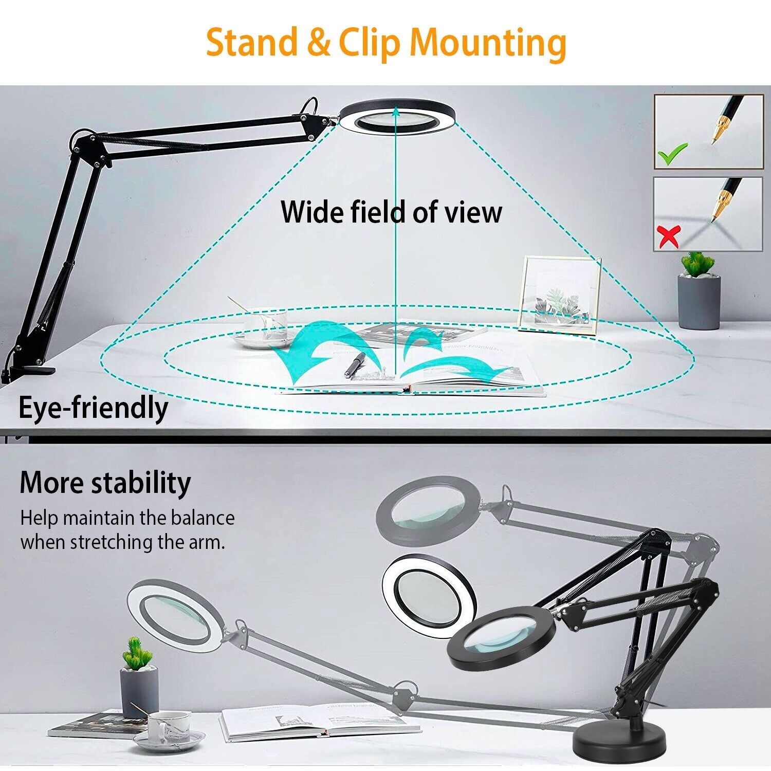 2-in-1 8x LED Magnifier Desk Lamp USB Reading Lamp Magnifying Glass Light +Stand