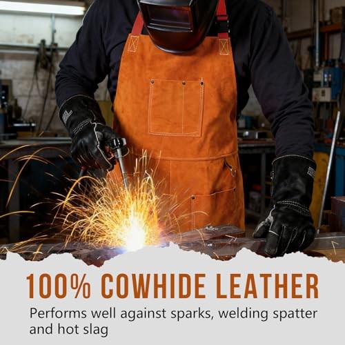 Leather Welding Apron for Men & Women, Heat & Flame Resistant Cowhide Brown
