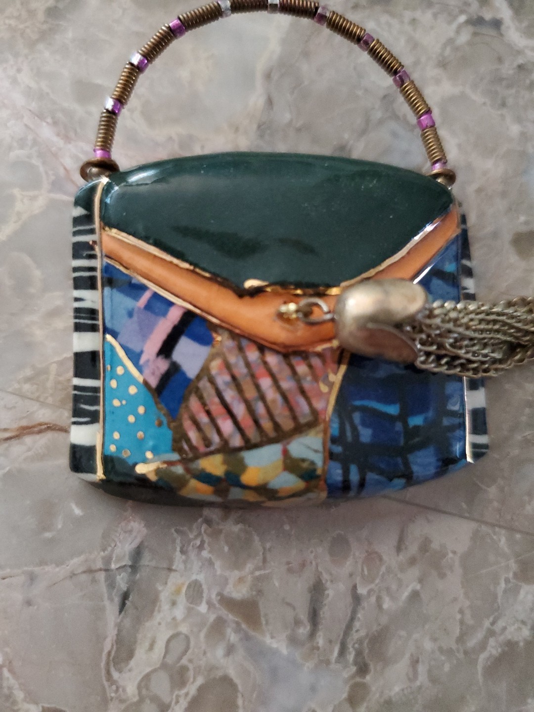 Cynthia Chuang Jewelry 10 Purse Hand Painted Porcelain Metal Tassel Brooch Pin