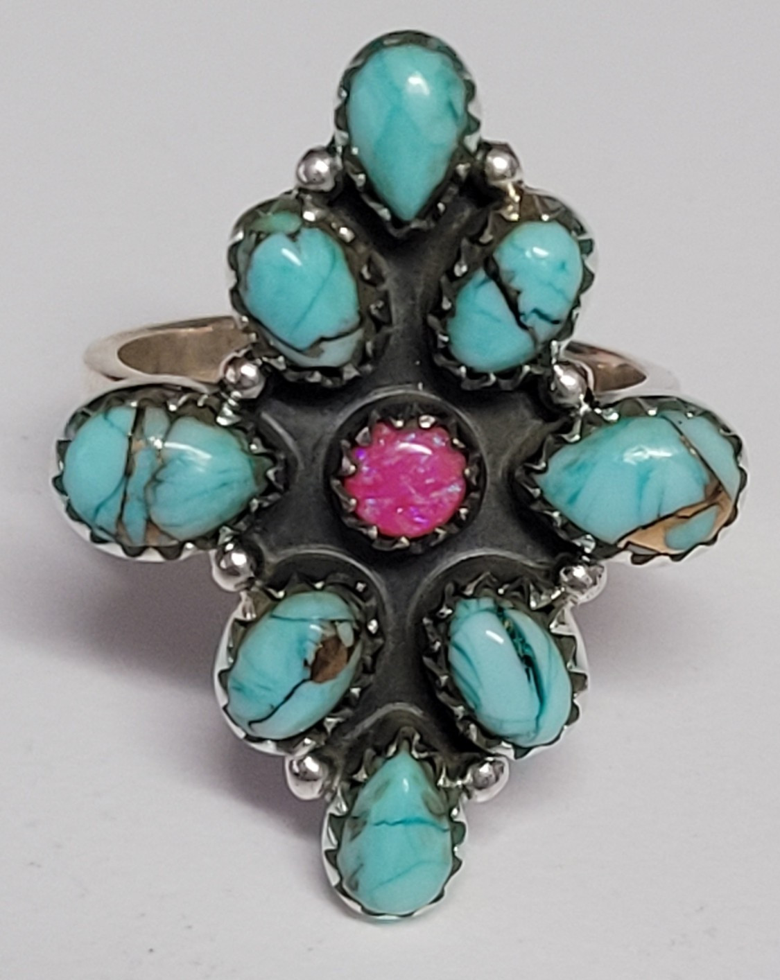 Mint dahlia & pink lab opal adjustable ring – SS 925-handmade- full silver back