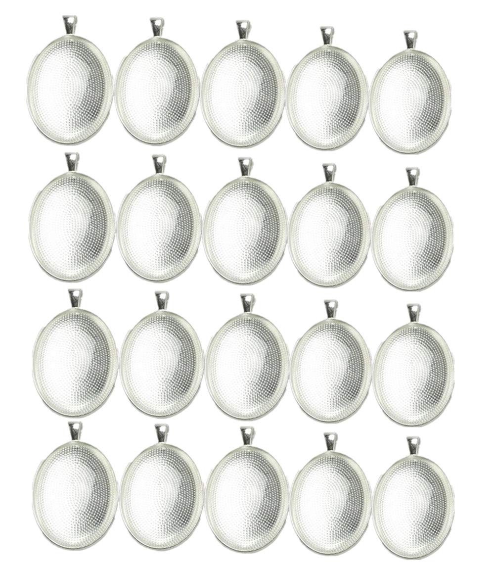 20pcs Oval Pendant Trays with Glass Cabochons 18*25mm, Silver