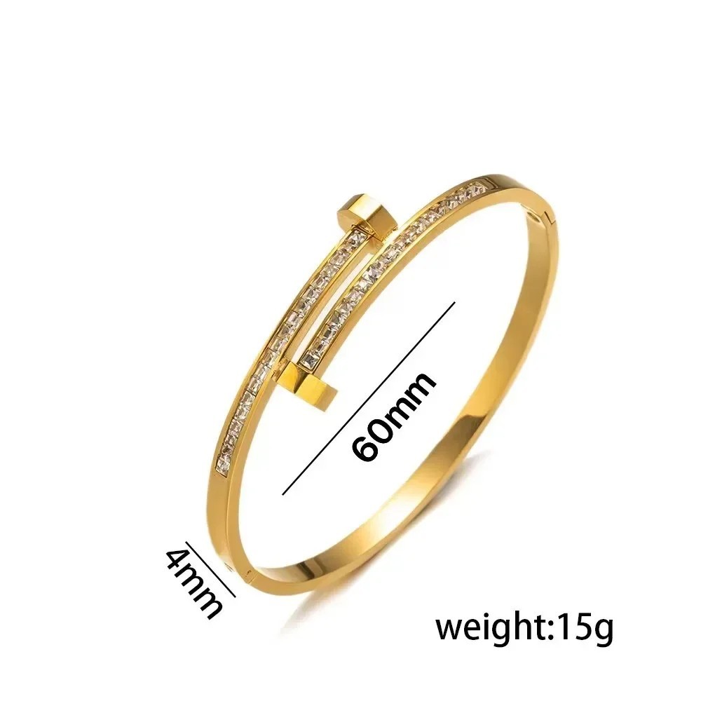 14k Yellow Gold plated Open Nail Bolt Trendy Bracelet AAA quality cubic zirconia