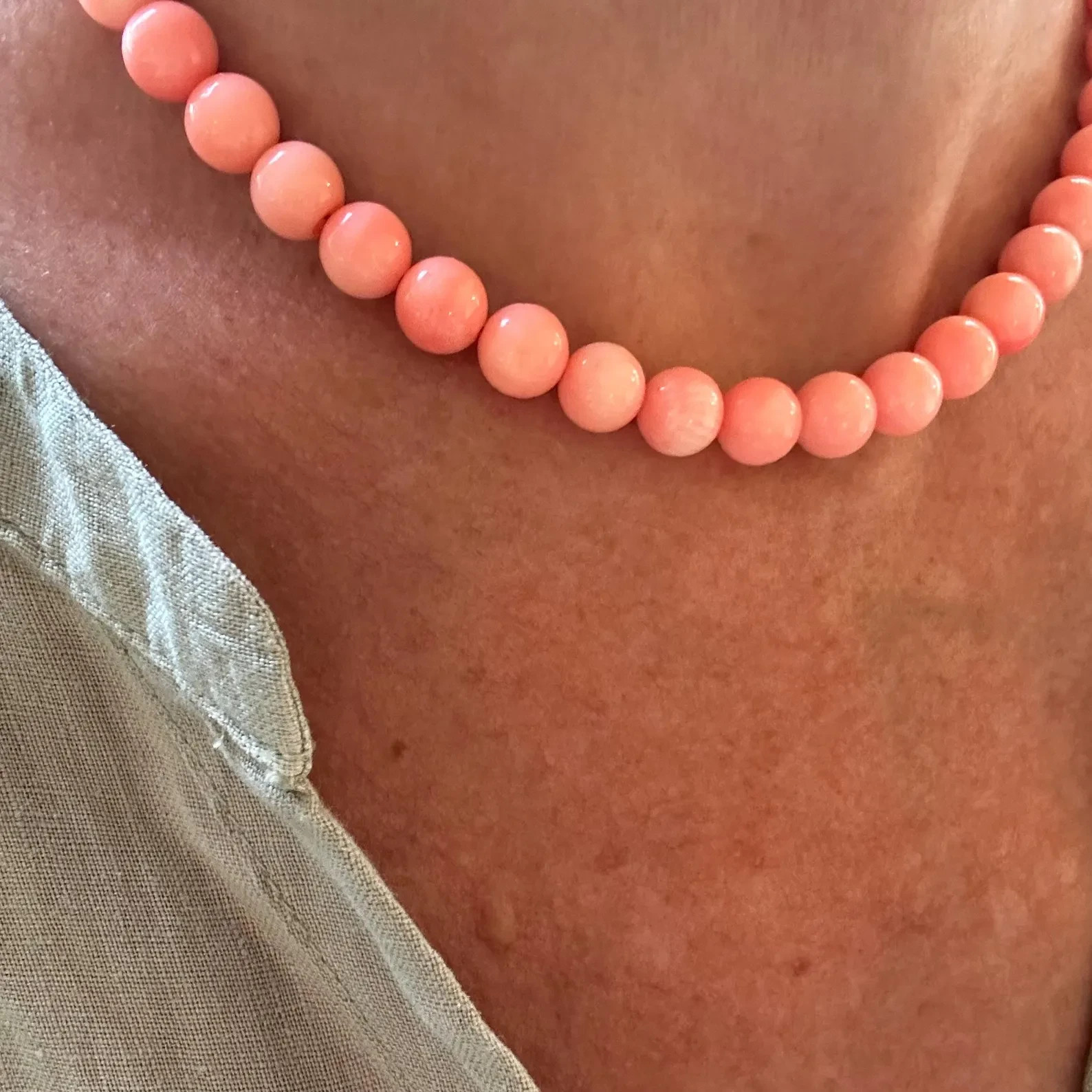 Pink Coral Necklace 14k Solid Gold | 9mm Round Salmon Peach Choker Stack